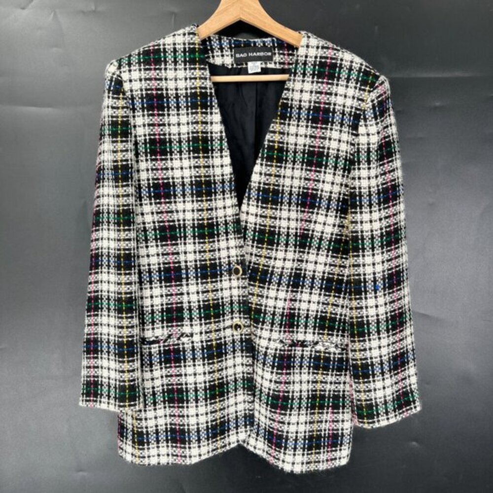 Vintage Sag Harbor 2 button plaid tweed blazer‎ clueless academia jacket neon 12